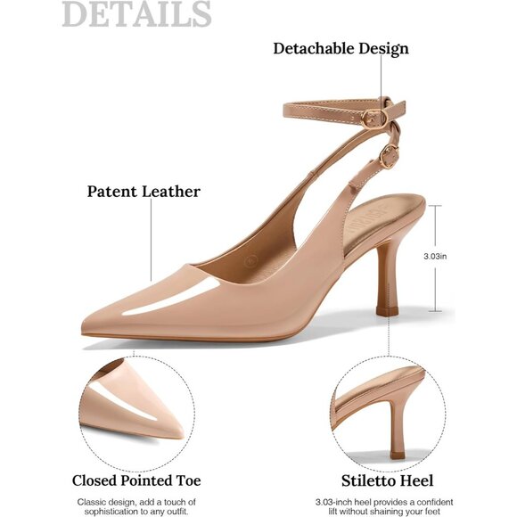 Women's Nude Pointed Toe High Heels Slingback Stiletto Ankle Strap Pumps - Picture 6 of 6